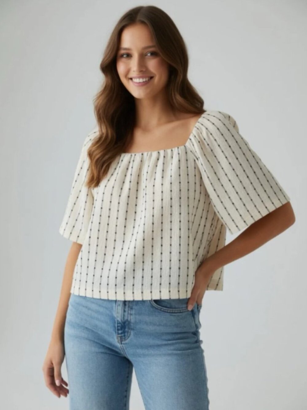 LOFT Dot Stripe Flutter Square Neck Top, size small- New
